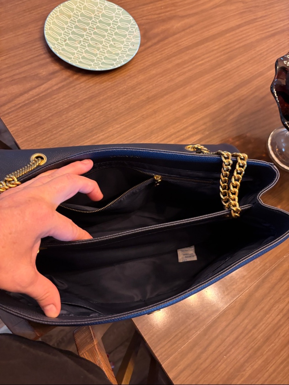 NTW  Navy Pebbled Shoulder Bag with Gold Chain Strap - Picture 8 of 11